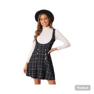 Size Medium Allegra K Women's U Neck Plaid Tweed Mini length Pinafore Dress